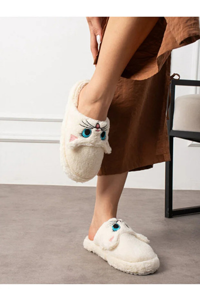 Behtah Kundura Embroidered Winter Unisex House Slippers with Cute Cat Figures, Non-Slip Sole