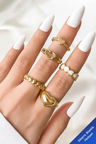 THE Steel 5'li Kombin Kalp Mine Detaylı Yüzük Set