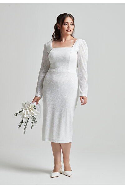 Moda Alba Sequined Square Neck Midi Length Plus Size White Engagement Wedding Evening Dress