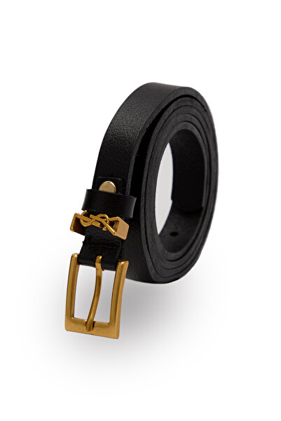 Velvoria حزام جلدي نحيف بإبزيم كبير باللون الأسود والذهبي العتيق للنساء