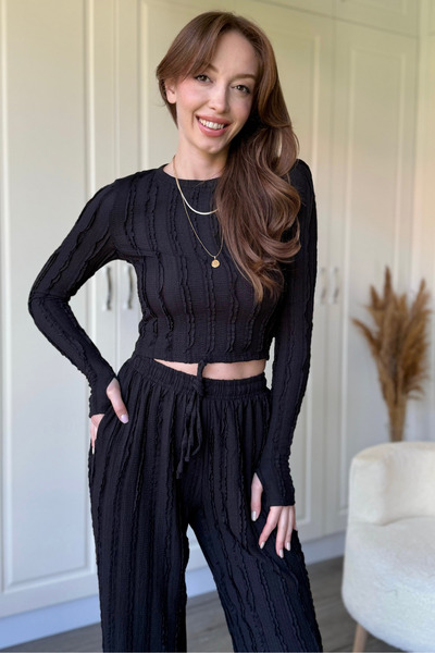 Dilay Gökoğlu Butik Ruffled Long Sleeve Crop Black Set