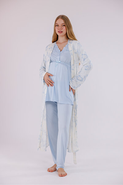 Yulem Homewear Mavi Desenli Dantel Detaylı Tasarım Tam Boy Sabahlıklı Lohusa Hamile 3'lü Pijama Set