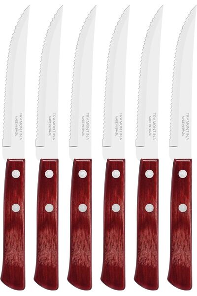 TRAMONTINA Polywood Steak Knives, Stainless Steel Blades, Red Handles, Set of 6