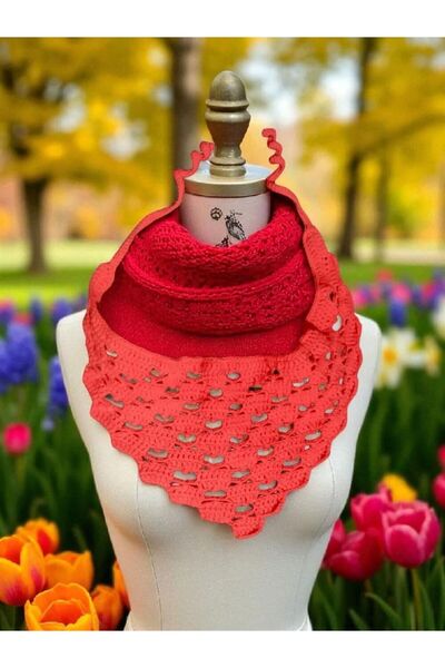 craftbaskitasarim Red Knitted Bandana with Heart Motif