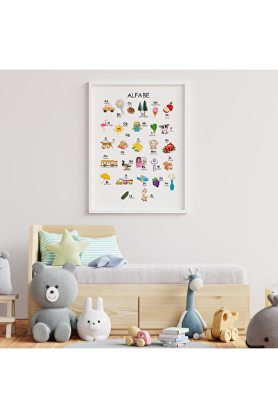 NN DECOR Eğitici Tablolar - Alfabe - Doğal Ahşap Çerçeveli, Bebek Ve Çocuk Od...