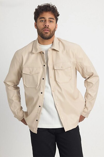 MADZEYMODA Premium Men's Comfortable Fit Fleece Lined Beige Sports Leather Jacket Ls-58543