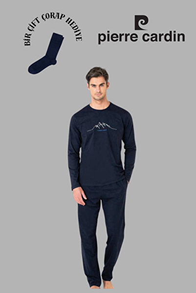 Pierre Cardin Erkek Lacivert Uzun Kol Pamuklu Pijama Takımı 1 Çift Çorap Hediyeli