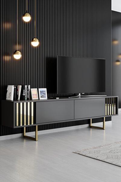 Modatte LİNE DUVAR ÜNİTESİ METAL AYAKLI TV ÜNİTESİ ANTRASİT GOLD