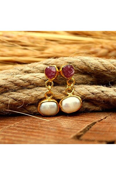 alpsilverart 925 Ayar Gümüş El Yapımı Ham Yakut ve İnci Küpe | Doğal Taşlı Otantik Kadın Takı