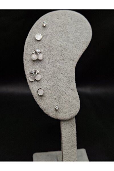 Han Ticarethane Silver Color 6-Piece Stone Cherry Model Set Earrings