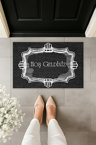 Dormot Modern Dijital Baskı Füme Desenli Hoş geldiniz Kapı Önü Paspas 70x45cm