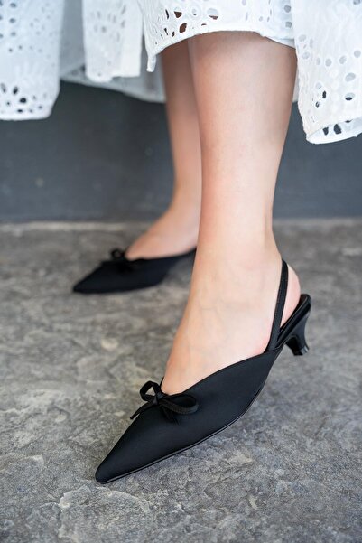 LamintaGlobal Fonis Black Bow Detailed Satin Women's Heeled Shoes