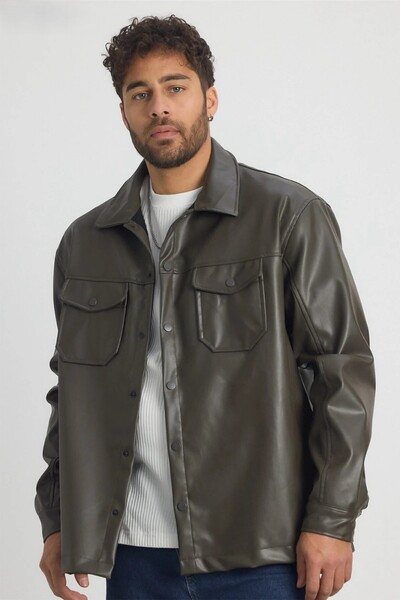 MADZEYMODA Premium Men's Comfortable Fit Fleece Lined Khaki Sports Leather Jacket Ls-58543