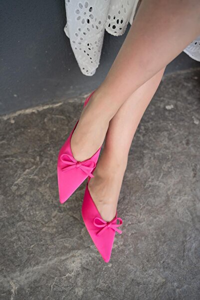 LamintaGlobal Fonis Fuchsia Bow Detailed Satin Women's Heeled Shoes