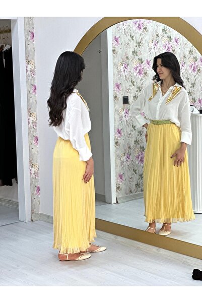 Kübra özbey boutıque Kemerli sarı piliseli etek