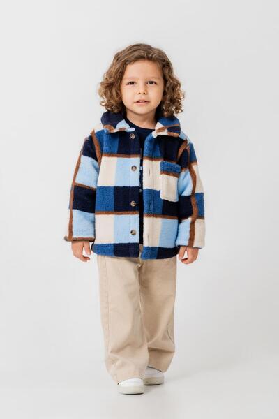 Magu Boy's cotton blue checkered patterned fleece jacket - buttoned with pockets