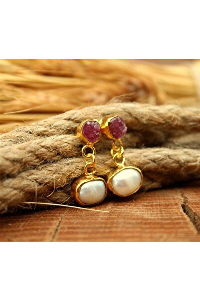 alpsilverart 925 Ayar Gümüş El Yapımı Ham Yakut ve İnci Küpe | Doğal Taşlı Otantik Kadın Takı