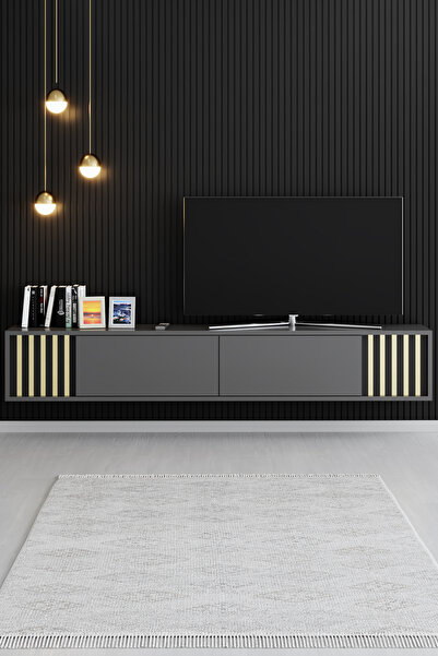 Modatte LİNE DUVAR ÜNİTESİ METAL AYAKLI TV ÜNİTESİ ANTRASİT GOLD