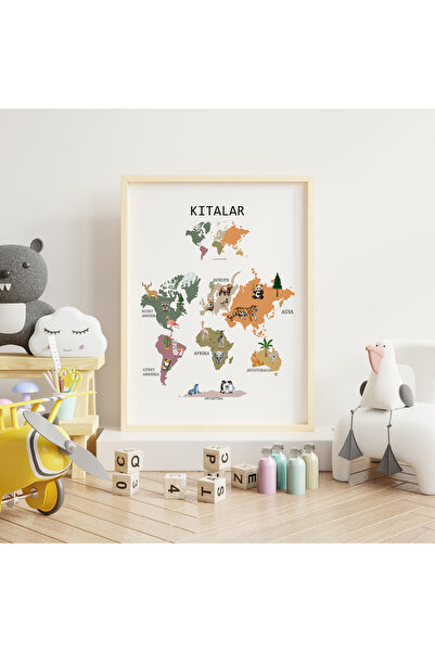 NN DECOR Eğitici Tablolar - Kıtalar - Doğal Ahşap Çerçeveli, Bebek Ve Çocuk Odası Tablosu