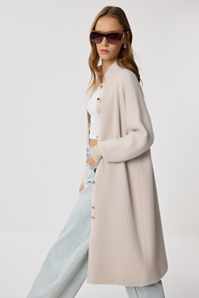 Lovelyİstanbul Dlouhý pletený kardigan s vousy LNX0012 BÉŽOVÝ