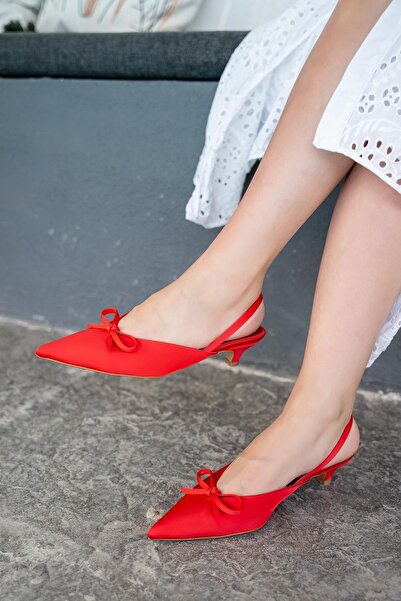 LamintaGlobal Fonis Red Bow Detailed Satin Women's Heeled Shoes