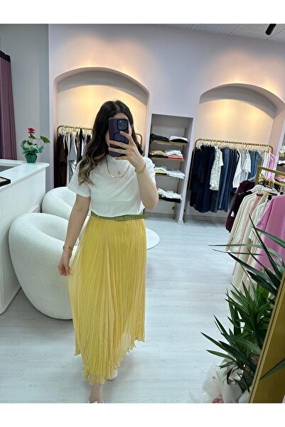 Kübra özbey boutıque Kemerli sarı piliseli etek