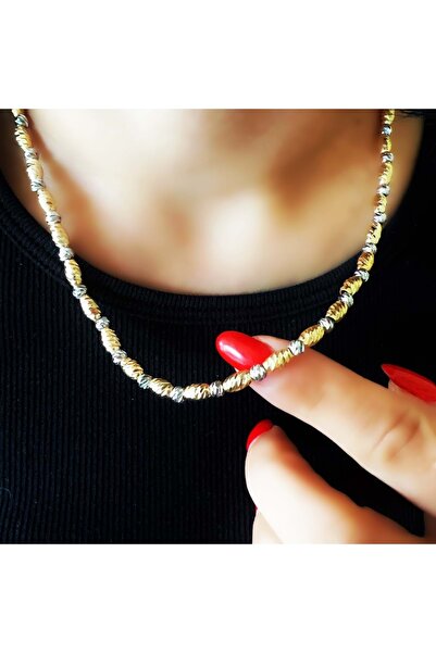 ACAR TAKI قلادة دوريكا بيضاوية الشكل مرصعة بالخرز باللون الذهبي والفضي 41+5 س...