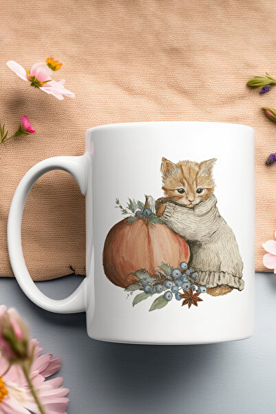 giftkonsept Autumn Themed Cute Cat No:9 Printed Gift Mug