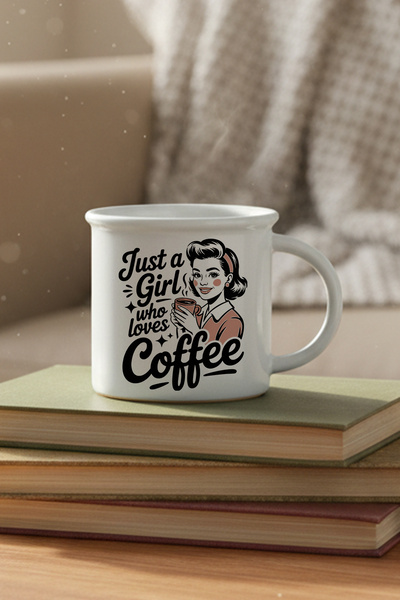 giftkonsept Just a Girl Who Loves Coffee Printed Enamel-Looking Ceramic Vintage Mug Cup
