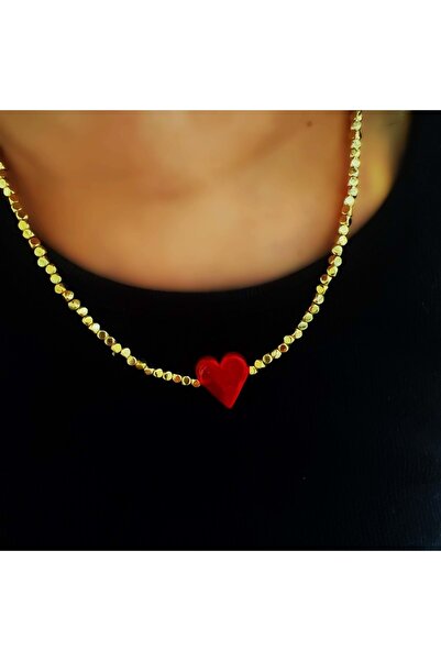 ACAR TAKI قلادة على شكل قلب أحمر 43+3 سم - لون ذهبي ACR6262