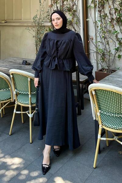 lamelif Drawstring Detailed Hijab Two-Piece Set Black