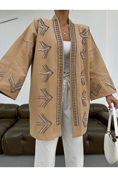 MİA NOURA Women's Oversize Fit Kimono with Beaded Embroidery on the Front