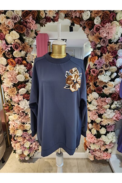 Kayra çicek detaylı sweatshirt indigo kadın