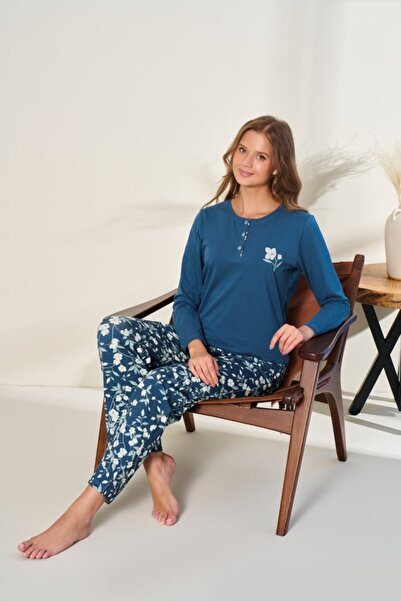 Over Sleep by Poleren طقم بيجامة نسائي بأكمام طويلة وثلاثة أزرار