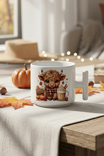 giftkonsept كوب لاتيه مطبوع عليه صورة بقرة لطيفة بتصميم خريف، مع مقبض، هدية م...