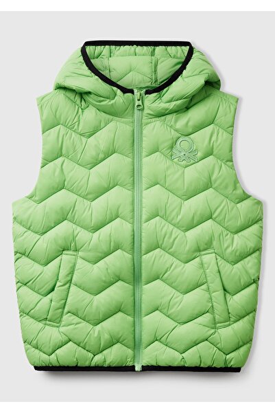 United Colors of Benetton Erkek Çocuk Fıstık Yeşili Logo Detaylı Kapüşonlu Yelek