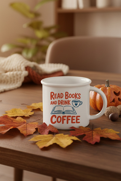 giftkonsept Read Books and Coffee No:2 Printed Enamel-Looking Ceramic Vintage Mug Cup