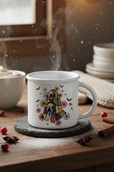 giftkonsept Ghost and Cute Cat Printed Enamel-Looking Ceramic Vintage Mug Cup