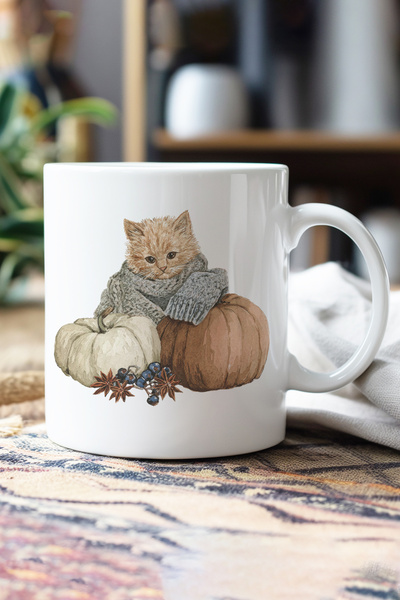giftkonsept Autumn Themed Cute Cat No:11 Printed Gift Mug