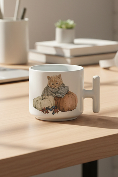giftkonsept كوب قهوة لاتيه مطبوع عليه صورة قطة لطيفة رقم 11 بتصميم خريفي مع مقبض