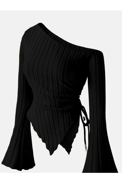 Wild Flower Bluză tricotată cu un singur umăr, asimetrică, negru-bej, pentru femei, 2 bucăți – mânecă spaniolă, detaliu cu șnur