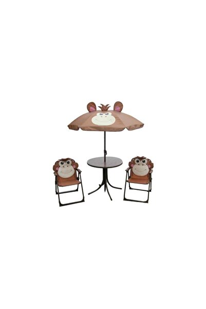 Strend Pro Set mobilier gradina/terasa pentru copii, pliabil, maro, model maimuta, 1 masa cu umbrela, 2 scaune,