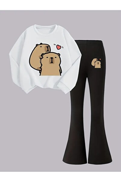 buendiakids Kız Çocuk Beyaz Sevimli Capybaralar Baskılı Bisiklet Yaka İspanyo...