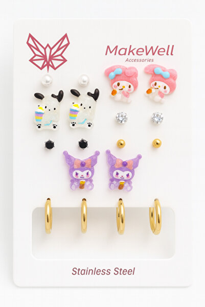 MakeWell Steel Needle Kuromi My Melody Hello Kity Cinnammaroll Unicorn Pochaco Dog Design Earring Set