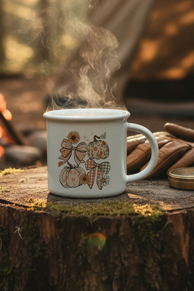 giftkonsept Autumn Theme Pumpkin Couqette Printed Enamel-Looking Ceramic Vintage Mug Cup