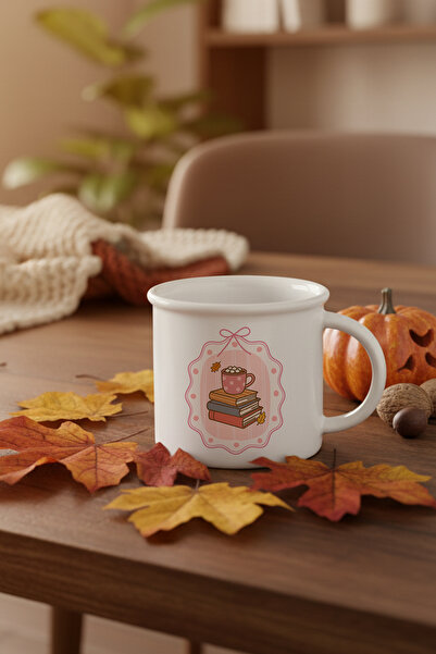 giftkonsept Autumn-Themed Books and Hot Chocolate Printed Enamel-Looking Ceramic Vintage Mug Cup