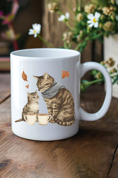 giftkonsept Autumn Themed Cute Cat No:12 Printed Gift Mug