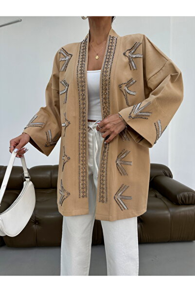MİA NOURA Women's Oversize Fit Kimono with Beaded Embroidery on the Front
