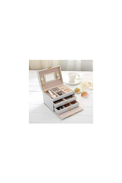 Mercaton Jewelry Box made of Leather, Suitcase Type with 3 Compartments, 17×13.7×12 cm, Cream