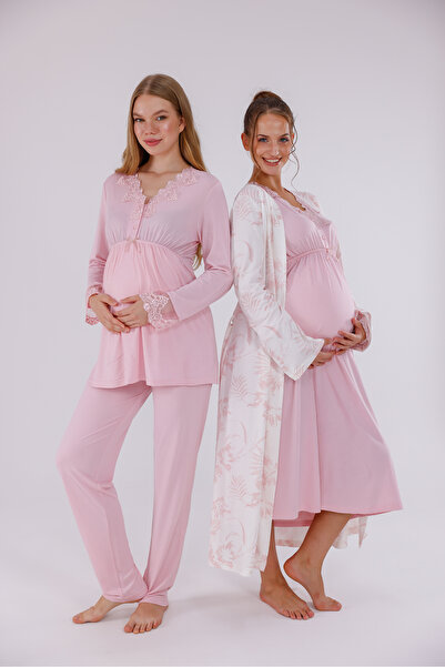 Yulem Homewear Pudra Desenli Uzun Kollu Pamuklu Hamile Lohusa Sabahlıklı Pijama Takım ve Gecelik 4'lü Set